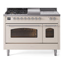 ILVE Nostalgie II 48 inch Propane Gas Range with 8 Sealed Burners, Griddle with Triple Glass Door in Antique White with Chrome Trim