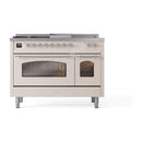ILVE Nostalgie II 48 inch Propane Gas Range with 8 Sealed Burners, Griddle with Triple Glass Door in Antique White with Chrome Trim