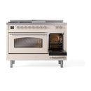 ILVE Nostalgie II 48 inch Propane Gas Range with 8 Sealed Burners, Griddle with Triple Glass Door in Antique White with Chrome Trim