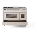 ILVE Nostalgie II 48 inch Propane Gas Range with 8 Sealed Burners, Griddle with Triple Glass Door in Antique White with Chrome Trim