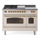 ILVE Nostalgie II 48-Inch  Propane Gas Dual Fuel Range  with 5 Burners, Griddle, & French Top with Triple Glass Door Oven in Antique White with Brass Trim (UP48FSNMPAWG)