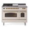 ILVE Nostalgie II 48-Inch  Propane Gas Dual Fuel Range  with 5 Burners, Griddle, & French Top with Triple Glass Door Oven in Antique White with Brass Trim (UP48FSNMPAWG)
