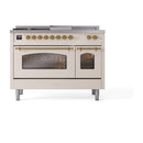 ILVE Nostalgie II 48-Inch  Propane Gas Dual Fuel Range  with 5 Burners, Griddle, & French Top with Triple Glass Door Oven in Antique White with Brass Trim (UP48FSNMPAWG)