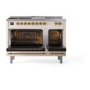 ILVE Nostalgie II 48-Inch Dual Fuel Range with 5 Burners, Griddle, & French Top with Triple Glass Door Oven in Antique White with Brass Trim (UP48FSNMPAWG)