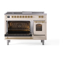 ILVE Nostalgie II 48-Inch Dual Fuel Range with 5 Burners, Griddle, & French Top with Triple Glass Door Oven in Antique White with Brass Trim (UP48FSNMPAWG)