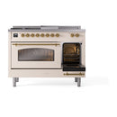 ILVE Nostalgie II 48-Inch  Propane Gas Dual Fuel Range  with 5 Burners, Griddle, & French Top with Triple Glass Door Oven in Antique White with Brass Trim (UP48FSNMPAWG)