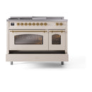 ILVE Nostalgie II 48-Inch Dual Fuel Range with 5 Burners, Griddle, & French Top with Triple Glass Door Oven in Antique White with Brass Trim (UP48FSNMPAWG)