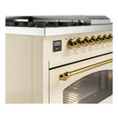 ILVE Nostalgie II 48-Inch  Propane Gas Dual Fuel Range  with 5 Burners, Griddle, & French Top with Triple Glass Door Oven in Antique White with Brass Trim (UP48FSNMPAWG)