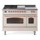 ILVE Nostalgie II 48-Inch Dual Fuel Range with 5 Burners, Griddle, & French Top with Triple Glass Door Oven in Antique White with Copper Trim (UP48FSNMPAWP)