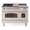 ILVE Nostalgie II 48-Inch Dual Fuel Range with 5 Burners, Griddle, & French Top with Triple Glass Door Oven in Antique White with Copper Trim (UP48FSNMPAWP)