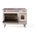ILVE Nostalgie II 48 inch Propane Gas Range with 8 Sealed Burners, Griddle with Triple Glass Door in Antique White with Copper Trim
