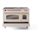 ILVE Nostalgie II 48 inch Propane Gas Range with 8 Sealed Burners, Griddle with Triple Glass Door in Antique White with Copper Trim