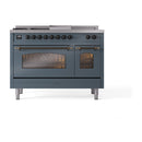 ILVE Nostalgie II 48-Inch Dual Fuel Freestanding Range with Removable Griddle in Blue Grey with Bronze Trim (UP48FSNMPBGB)