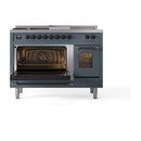ILVE Nostalgie II 48-Inch Dual Fuel Freestanding Range with Removable Griddle in Blue Grey with Bronze Trim (UP48FSNMPBGB)