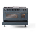 ILVE Nostalgie II 48-Inch Dual Fuel Freestanding Range with Removable Griddle in Blue Grey with Bronze Trim (UP48FSNMPBGB)