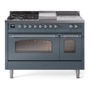 ILVE Nostalgie II 48-Inch Dual Fuel Freestanding Range with Removable Griddle in Blue Grey with Chrome Trim (UP48FSNMPBGC)