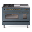 ILVE Nostalgie II 48-Inch Dual Fuel Freestanding Range with Removable Griddle in Blue Grey with Brass Trim (UP48FSNMPBGG)