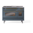 ILVE Nostalgie II 48-Inch Dual Fuel Freestanding Range with Removable Griddle in Blue Grey with Brass Trim (UP48FSNMPBGG)