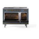 ILVE Nostalgie II 48-Inch Dual Fuel Freestanding Range with Removable Griddle in Blue Grey with Brass Trim (UP48FSNMPBGG)
