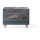 ILVE Nostalgie II 48-Inch Dual Fuel Freestanding Range with Removable Griddle in Blue Grey with Copper Trim (UP48FSNMPBGP)