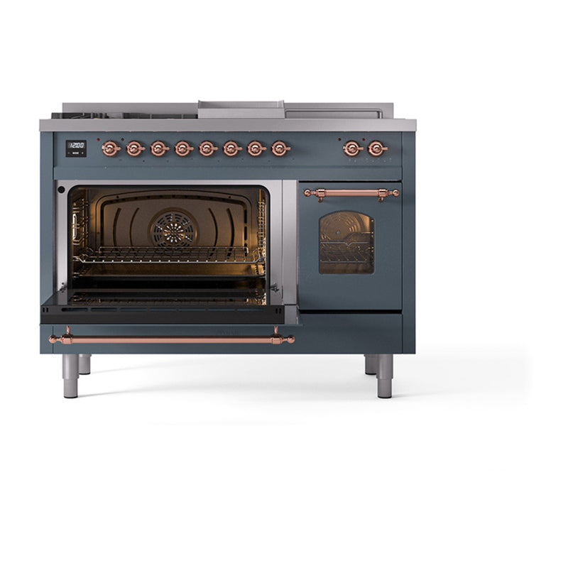 ILVE Nostalgie II 48-Inch Dual Fuel Freestanding Range with Removable Griddle in Blue Grey with Copper Trim (UP48FSNMPBGP)