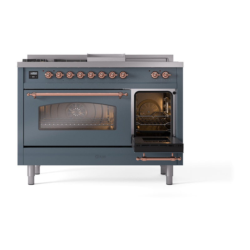 ILVE Nostalgie II 48-Inch Dual Fuel Freestanding Range with Removable Griddle in Blue Grey with Copper Trim (UP48FSNMPBGP)