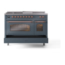 ILVE Nostalgie II 48-Inch Dual Fuel Freestanding Range with Removable Griddle in Blue Grey with Copper Trim (UP48FSNMPBGP)