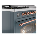 ILVE Nostalgie II 48-Inch Dual Fuel Freestanding Range with Removable Griddle in Blue Grey with Copper Trim (UP48FSNMPBGP)