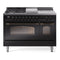 ILVE Nostalgie II 48 inch Propane Gas Range with 8 Sealed Burners, Griddle with Triple Glass Door in Glossy Black with Burnished Trim
