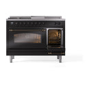 ILVE Nostalgie II 48 inch Propane Gas Range with 8 Sealed Burners, Griddle with Triple Glass Door in Glossy Black with Burnished Trim