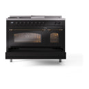 ILVE Nostalgie II 48 inch Propane Gas Range with 8 Sealed Burners, Griddle with Triple Glass Door in Glossy Black with Burnished Trim