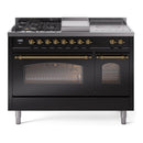 ILVE Nostalgie II 48 inch Propane Gas Range with 8 Sealed Burners, Griddle with Triple Glass Door in Glossy Black with Brass Trim