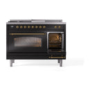 ILVE Nostalgie II 48-Inch Dual Fuel Range with 5 Burners, Griddle, & French Top with Triple Glass Door Oven in Glossy Black with Brass Trim (UP48FSNMPBKG)