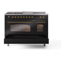 ILVE Nostalgie II 48-Inch Dual Fuel Range with 5 Burners, Griddle, & French Top with Triple Glass Door Oven in Glossy Black with Brass Trim (UP48FSNMPBKG)