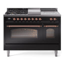 ILVE Nostalgie II 48 inch Propane Gas Range with 8 Sealed Burners, Griddle with Triple Glass Door in Glossy Black with Copper Trim