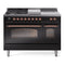 ILVE Nostalgie II 48 inch Propane Gas Range with 8 Sealed Burners, Griddle with Triple Glass Door in Glossy Black with Copper Trim