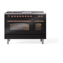 ILVE Nostalgie II 48 inch Propane Gas Range with 8 Sealed Burners, Griddle with Triple Glass Door in Glossy Black with Copper Trim