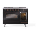 ILVE Nostalgie II 48 inch Propane Gas Range with 8 Sealed Burners, Griddle with Triple Glass Door in Glossy Black with Copper Trim