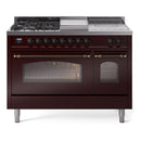 ILVE Nostalgie II 48 inch Propane Gas Range with 8 Sealed Burners, Griddle with Triple Glass Door in Burgundy with Burnished Trim