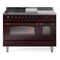 ILVE Nostalgie II 48 inch Propane Gas Range with 8 Sealed Burners, Griddle with Triple Glass Door in Burgundy with Burnished Trim