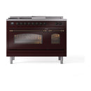 ILVE Nostalgie II 48 inch Propane Gas Range with 8 Sealed Burners, Griddle with Triple Glass Door in Burgundy with Burnished Trim