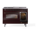 ILVE Nostalgie II 48 inch Propane Gas Range with 8 Sealed Burners, Griddle with Triple Glass Door in Burgundy with Burnished Trim