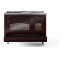 ILVE Nostalgie II 48 inch Propane Gas Range with 8 Sealed Burners, Griddle with Triple Glass Door in Burgundy with Burnished Trim