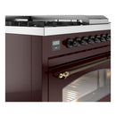 ILVE Nostalgie II 48 inch Propane Gas Range with 8 Sealed Burners, Griddle with Triple Glass Door in Burgundy with Burnished Trim