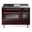 ILVE Nostalgie II 48-Inch  Propane Gas Dual Fuel Range  with 5 Burners, Griddle, & French Top with Triple Glass Door Oven in Burgundy with Chrome Trim (UP48FSNMPBUC)