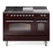 ILVE Nostalgie II 48-Inch  Propane Gas Dual Fuel Range  with 5 Burners, Griddle, & French Top with Triple Glass Door Oven in Burgundy with Chrome Trim (UP48FSNMPBUC)