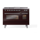 ILVE Nostalgie II 48-Inch  Propane Gas Dual Fuel Range  with 5 Burners, Griddle, & French Top with Triple Glass Door Oven in Burgundy with Chrome Trim (UP48FSNMPBUC)