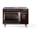 ILVE Nostalgie II 48-Inch  Propane Gas Dual Fuel Range  with 5 Burners, Griddle, & French Top with Triple Glass Door Oven in Burgundy with Chrome Trim (UP48FSNMPBUC)