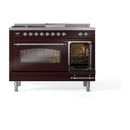 ILVE Nostalgie II 48-Inch  Propane Gas Dual Fuel Range  with 5 Burners, Griddle, & French Top with Triple Glass Door Oven in Burgundy with Chrome Trim (UP48FSNMPBUC)