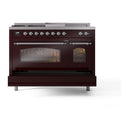 ILVE Nostalgie II 48-Inch  Propane Gas Dual Fuel Range  with 5 Burners, Griddle, & French Top with Triple Glass Door Oven in Burgundy with Chrome Trim (UP48FSNMPBUC)
